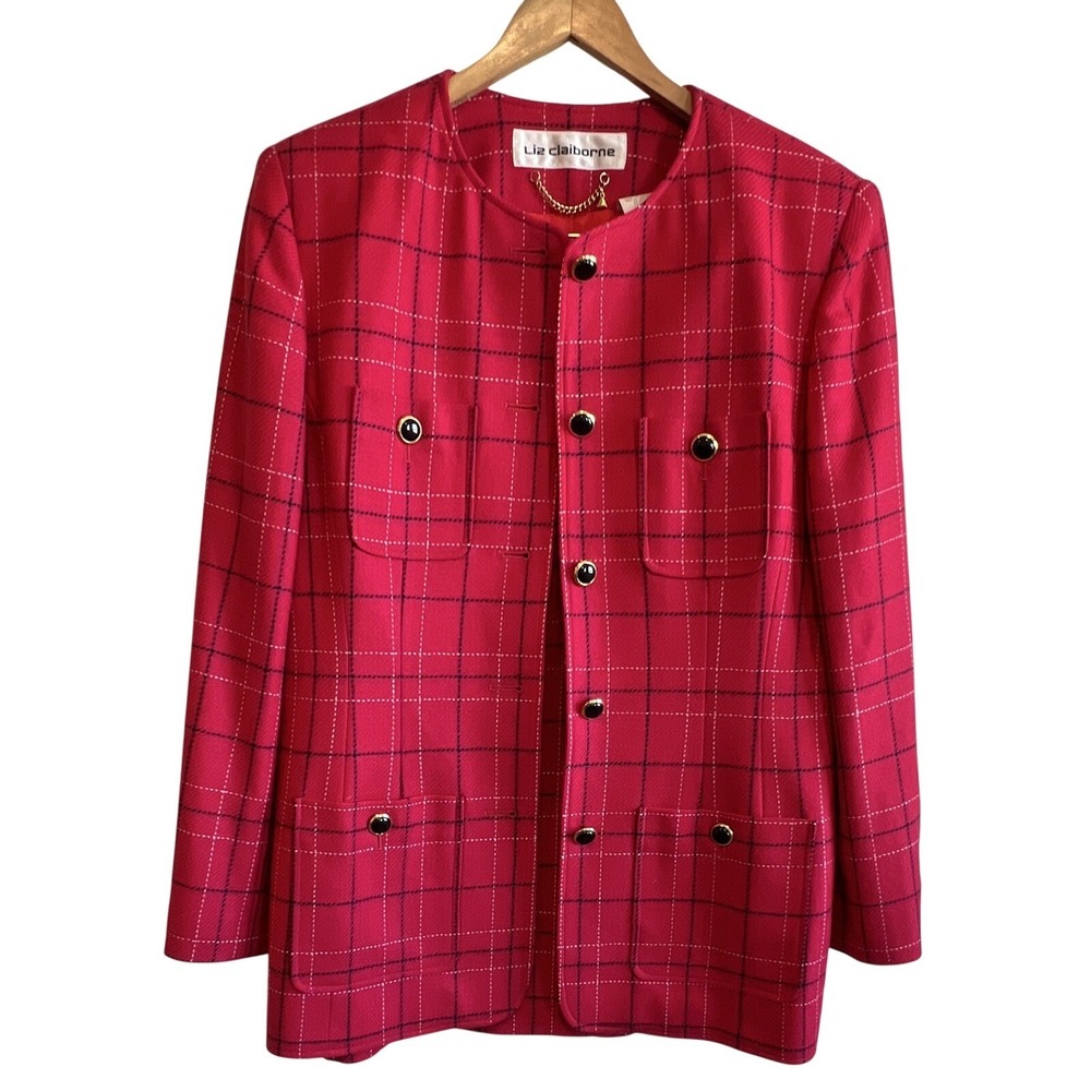 Liz Claiborne Vintage Red Wool Windowpane Plaid Skirt Suit Set 12 Blazer Skirt